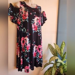 Pre-owned Black/Floral Open Shoulder Short Sleeved Dress 2X